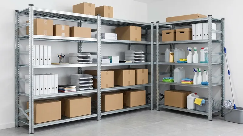 מדפי אחסון תעשייתי מותקנים בחלל מפעל מודרני