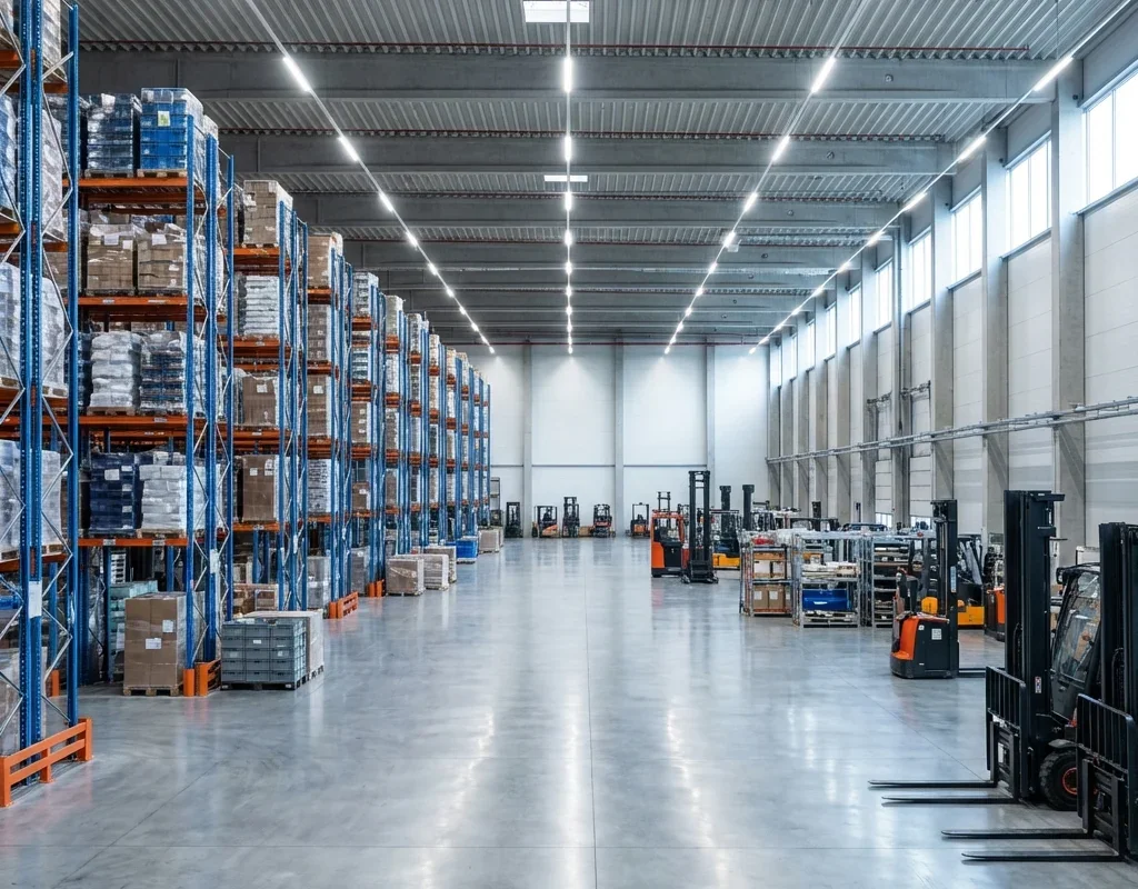 מחסן לוגיסטי עם מדפי אחסון כבדים